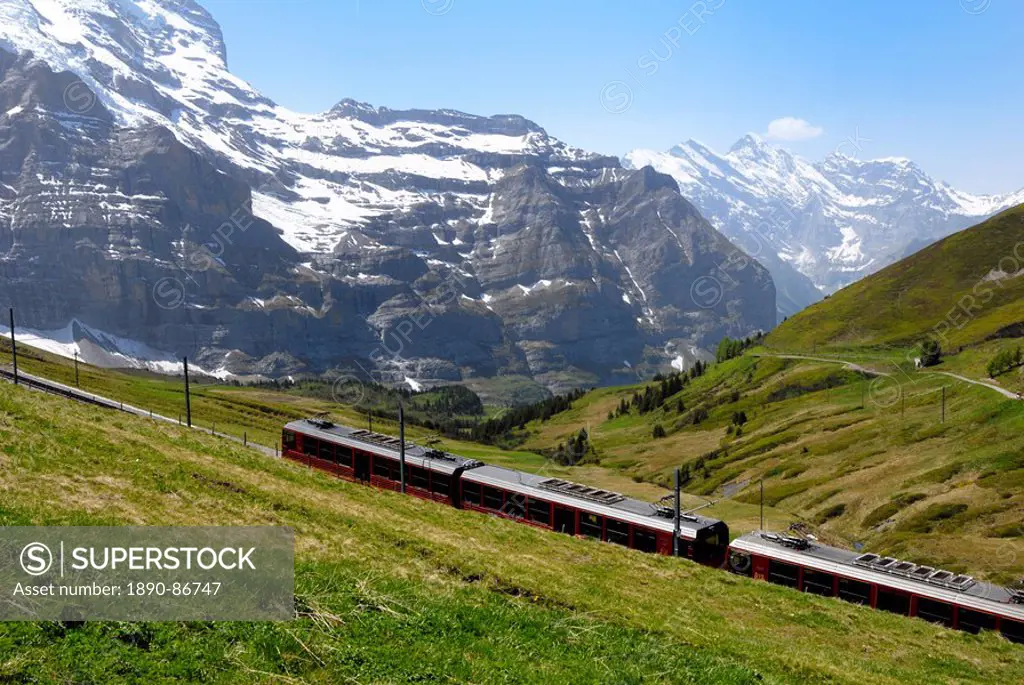 Train from Kleine Scheidegg on route to Jungfraujoch, Bernese Oberland, Swiss Alps, Switzerland, Europe