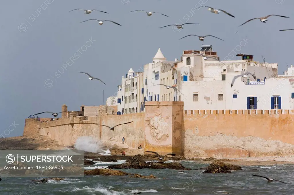 View of the ramparts of the Old City from the Port, Essaouira, Morocco, North Africa, Africa
