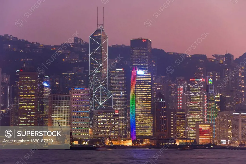 Victoria Harbour, night view of skyscrapers in Central district of Hong Kong Island, Hong Kong, China, Asia