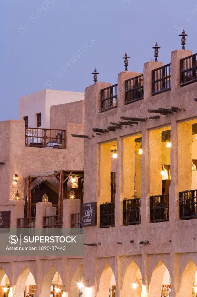 Souq Waqif, a restored souq of mud rendered buildings, exposed timber beams, new shops and restaurants, Doha, Qatar, Middle East