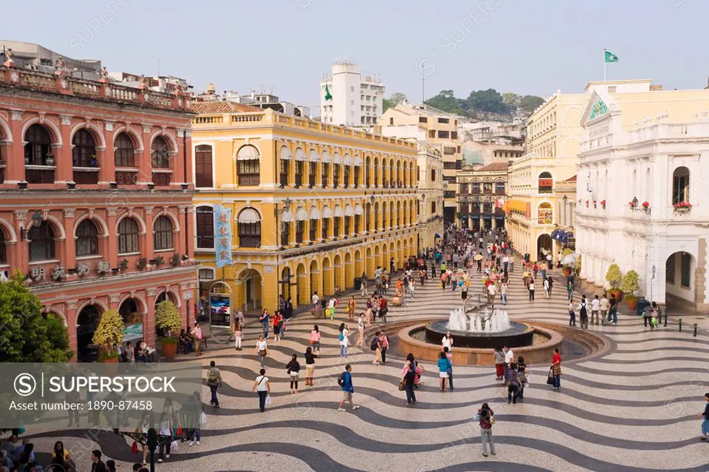 The famous swirling black and white pavements of Largo do Senado square in central Macau, Macau, China, Asia
