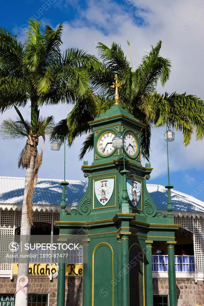 Clock Tower in the centre of capital, Piccadilly Circus, Basseterre, St. Kitts, Leeward Islands, West Indies, Caribbean, Central America