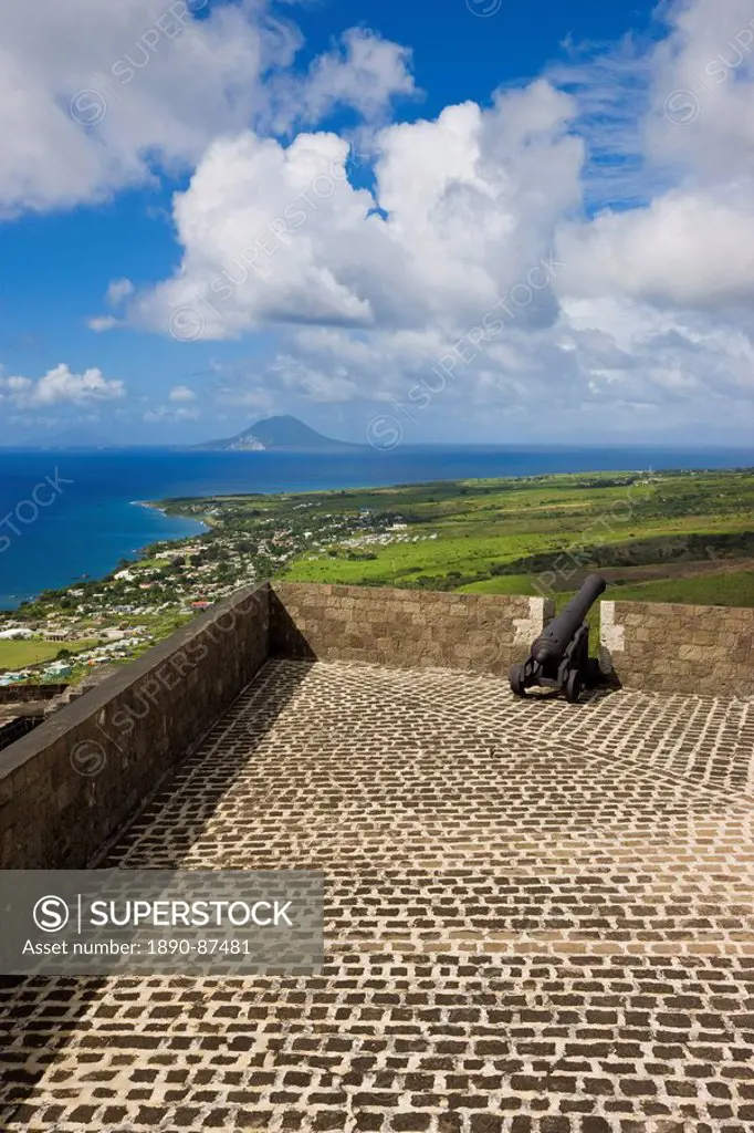 Elevated view of Brimstone Hill Fortress, looking towards St. Eustatius Island, Brimstone Hill Fortress National Park, UNESCO World Heritage Site, St....