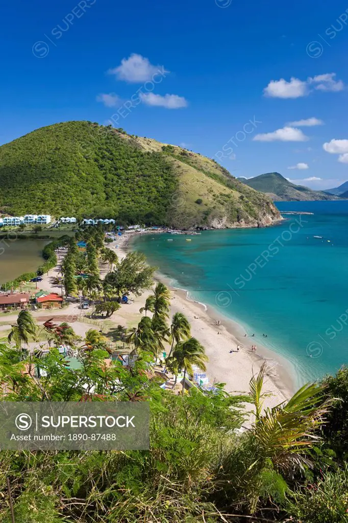 Elevated view over Frigate Bay Beach on the calm Caribbean_side of the isthmus, Frigate Bay, southeast of Basseterre, St. Kitts, Leeward Islands, West...