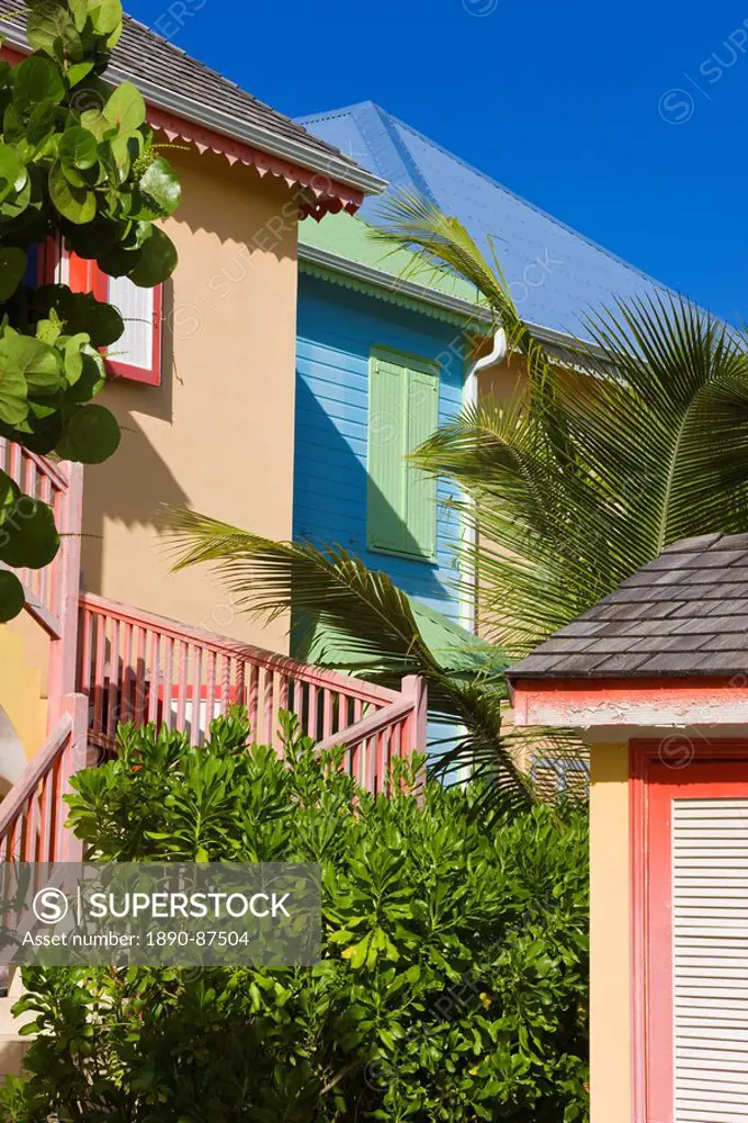 Colourfully painted buildings at Orient Beach, St. Martin St. Maarten, Leeward Islands, West Indies, Caribbean, Central America