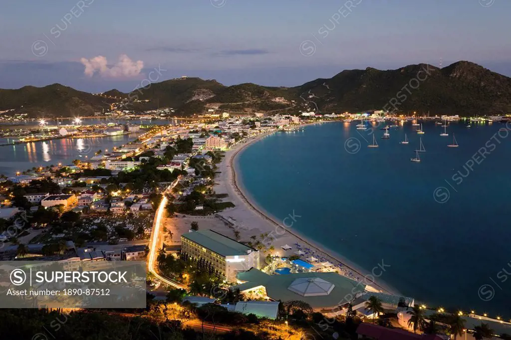 Elevated view over Great Bay and the Dutch capital of Philipsburg, St. Maarten, Netherlands Antilles, Leeward Islands, West Indies, Caribbean, Central...