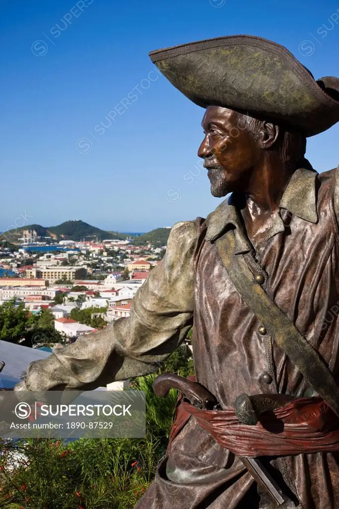 Sculpture in Blackbeard´s Castle, one of four National Historic sites in the US Virgin Islands, with Charlotte Amalie in the background, St. Thomas, U...