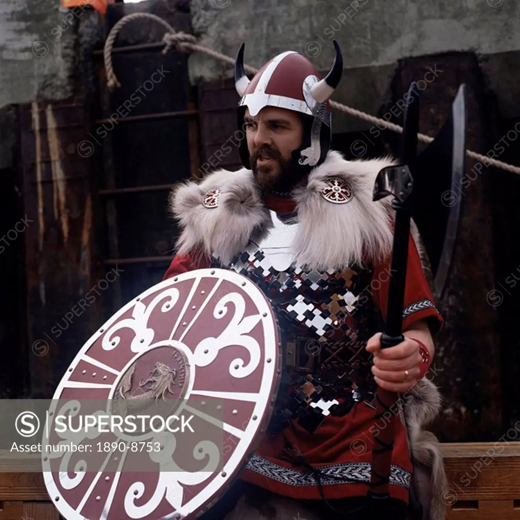 Man in costume, Viking Gothic revival, Shetlands, Scotland, United Kingdom, Europe