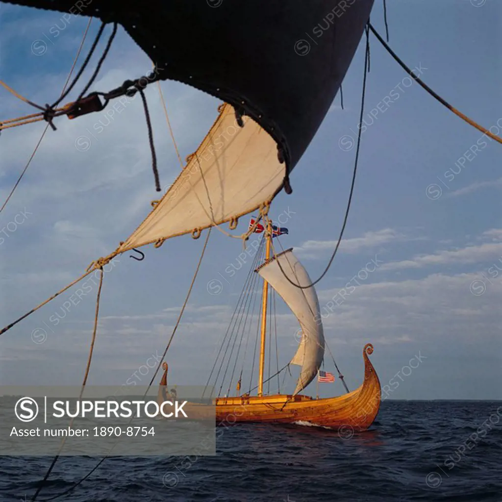 View from Gaia of replica Viking ship Oseberg, Chesapeake Bay, United States of America, North America