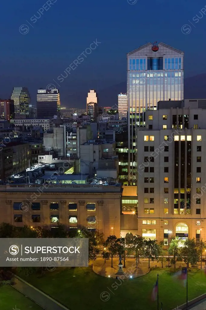 Elevated view of the central city skyline at dusk, Santiago, Chile, South America