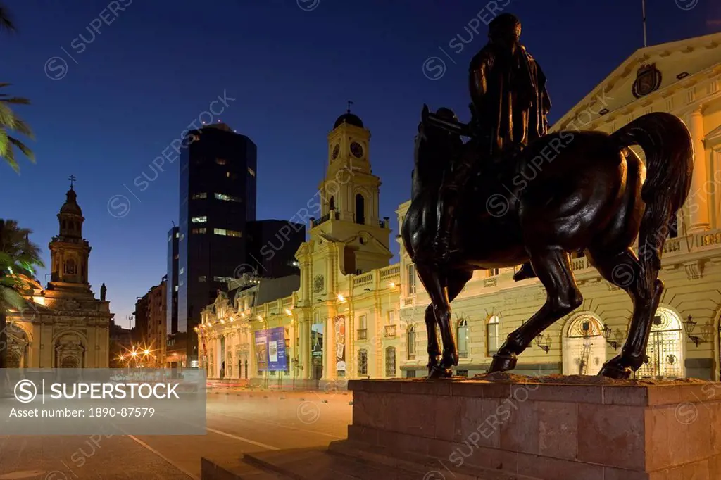 Close_up of the equestrian statue of Pedro de Valdivia in front of the Museo Historico Nacional in Plaza de Armas, Santiago, Chile, South America