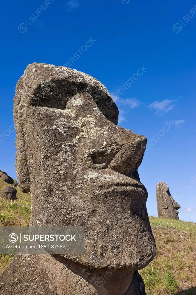 Giant monolithic stone Moai statues at Rano Raraku, Rapa Nui Easter Island, UNESCO World Heritage Site, Chile, South America