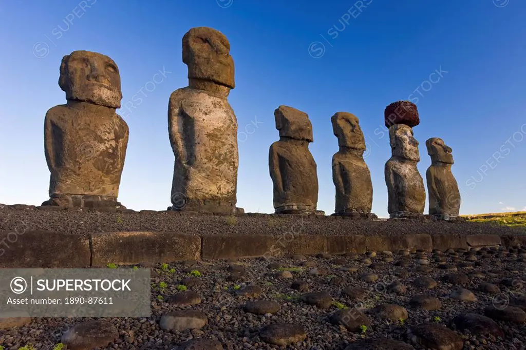 Ahu Tongariki, the largest ahu on the Island, Tongariki is a row of 15 giant stone Moai statues, Rapa Nui Easter Island, UNESCO World Heritage Site, C...