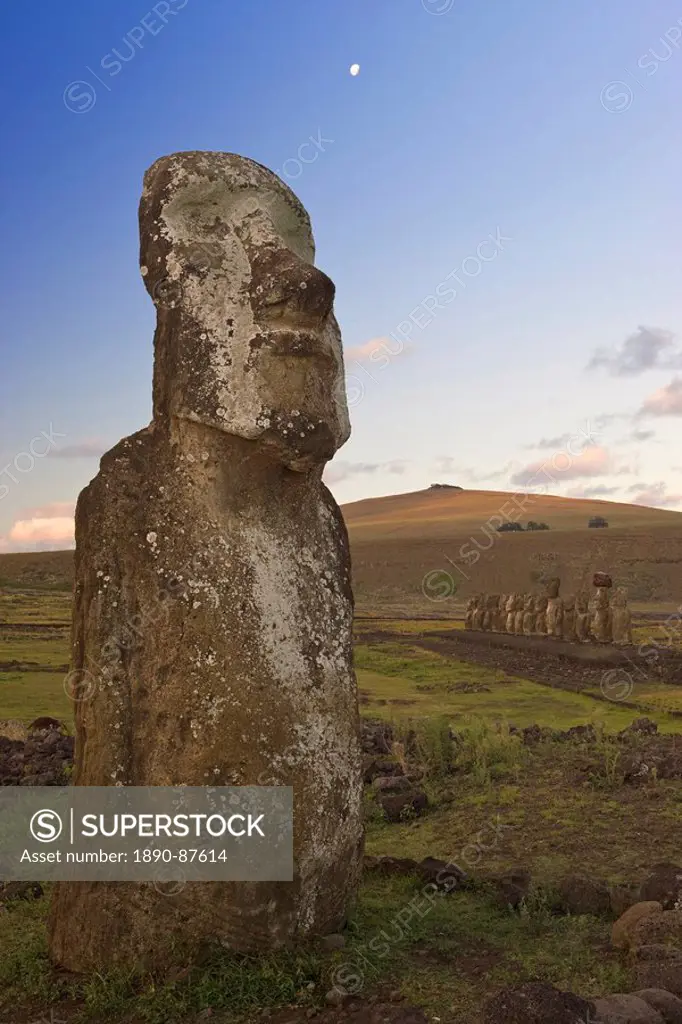 Lone monolithic giant stone Moai statue at Tongariki, Rapa Nui Easter Island, UNESCO World Heritage Site, Chile, South America