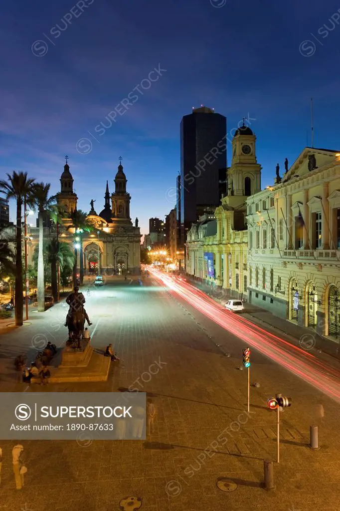 Elevated dusk view over Plaza de Armas to Santiago Cathedral, Santiago, Chile, South America