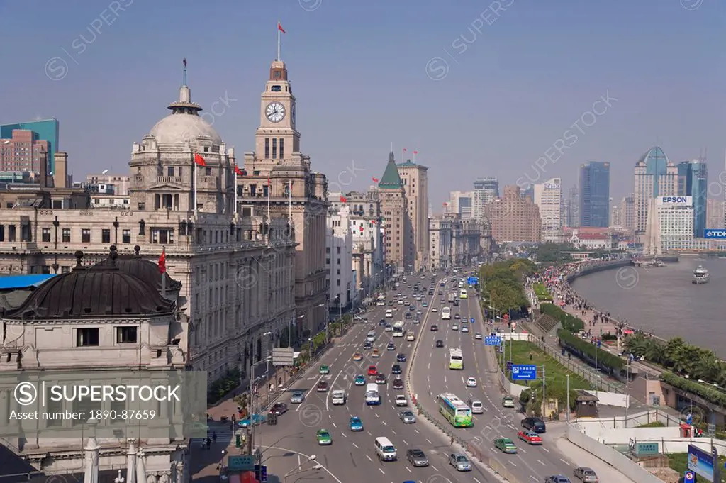 Elevated view along the Bund beside the Huangpu River, Shanghai, China, Asia