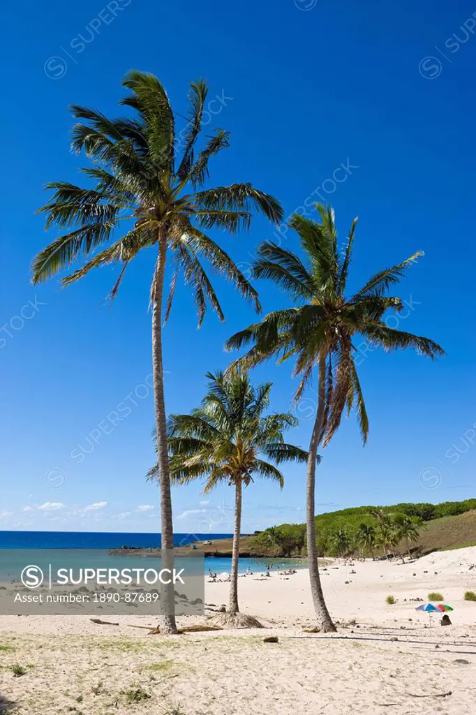 Anakena beach, the Island´s white sand beach fringed by palm trees, Rapa Nui Easter Island, Chile, South America