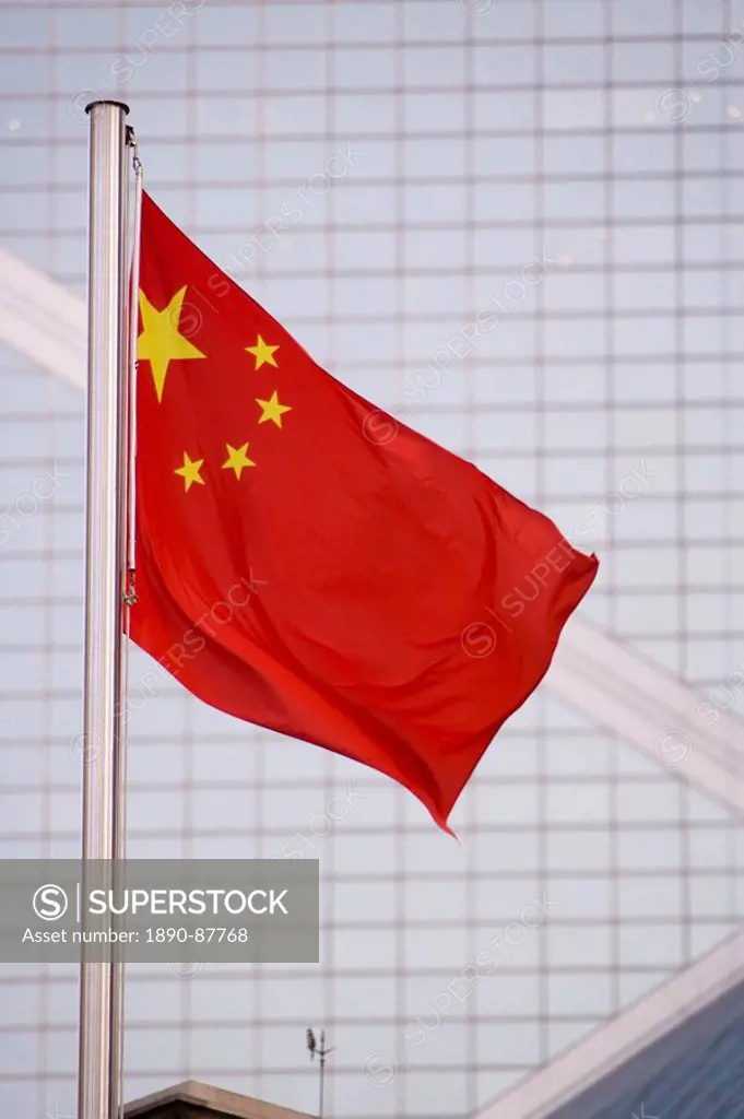 Chinese flag against windows of ultra modern Bank of China, Central District, Hong Kong Island, Hong Kong, China, Asia