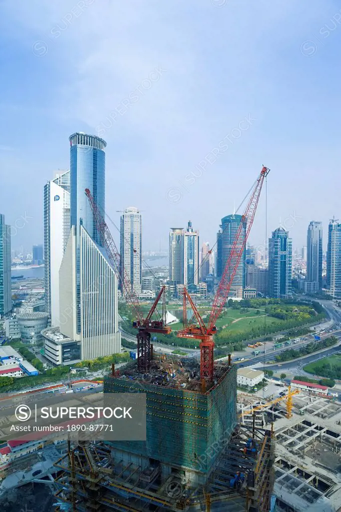 Modern skyscrapers and new construction in the Lujiazui financial district of Pudong, Shanghai, China, Asia