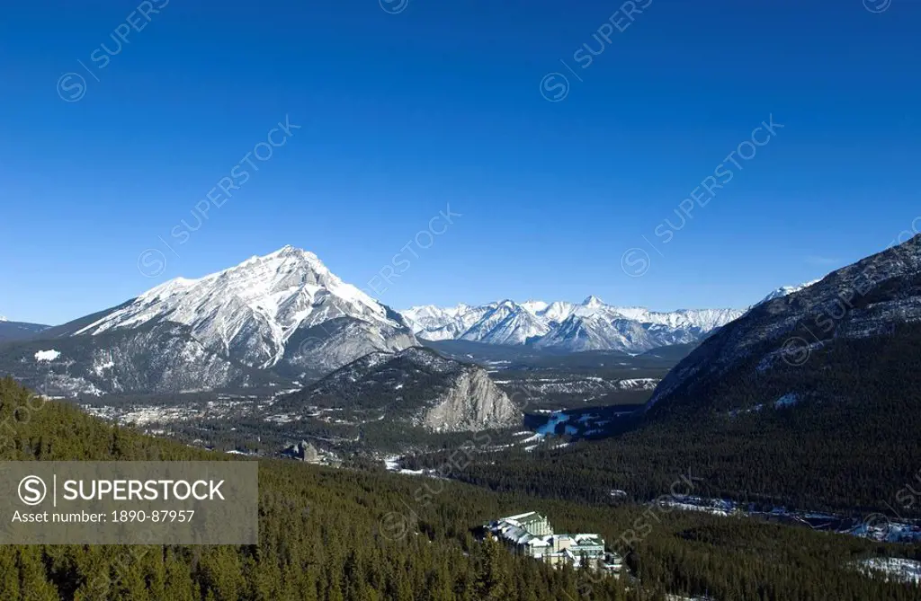 Views of Banff and the Bow Valley surrounded by Rocky Mountains from the top of Sulphur Mountain, Banff National Park, UNESCO World Heritage Site, Alb...