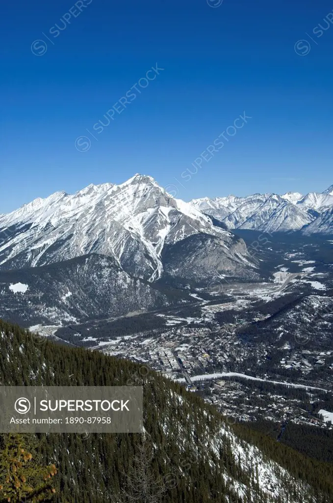 Views of Banff and the Bow Valley surrounded by the Rocky Mountains from the top of Sulphur Mountain, Banff National Park, UNESCO World Heritage Site,...