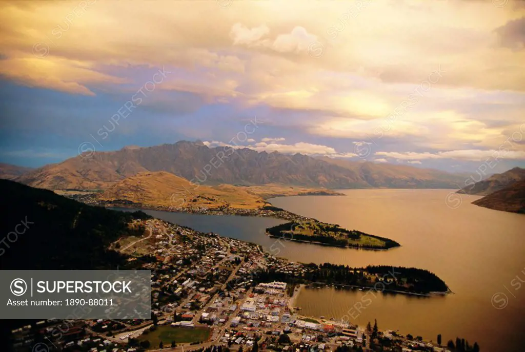 View from Skyline Chalet at top of the gondola, Queenstown, Lake Wakatipu and The Remarkables, west Otago, South Island, New Zealand, Pacific