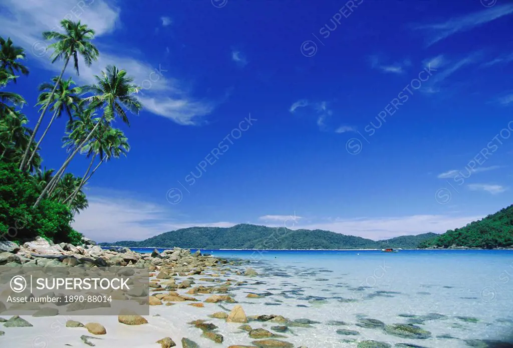 View from Kecil Little towards Besar Big, the two Perhentian Islands, tropical paradise marine parks off the coast of this north eastern state, Tereng...