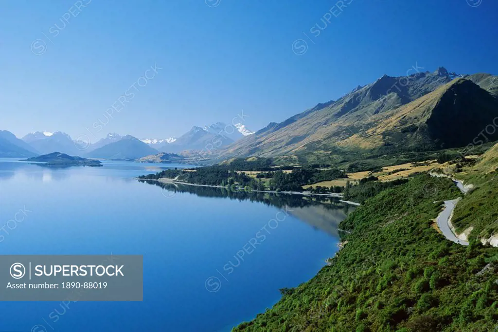 Looking north_northwest towards the northern tip of Lake Wakatipu at Glenorchy, with 2819m Mount Earnslaw beyond, west Otago, South Island, New Zealan...