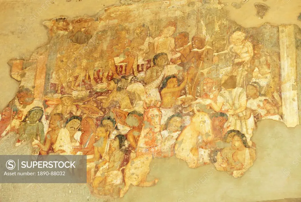 Painting in Cave 17, one of the world_heritage Buddhist caves at Ajanta, carved from a gorge in the Waghore River, Maharashtra State, India
