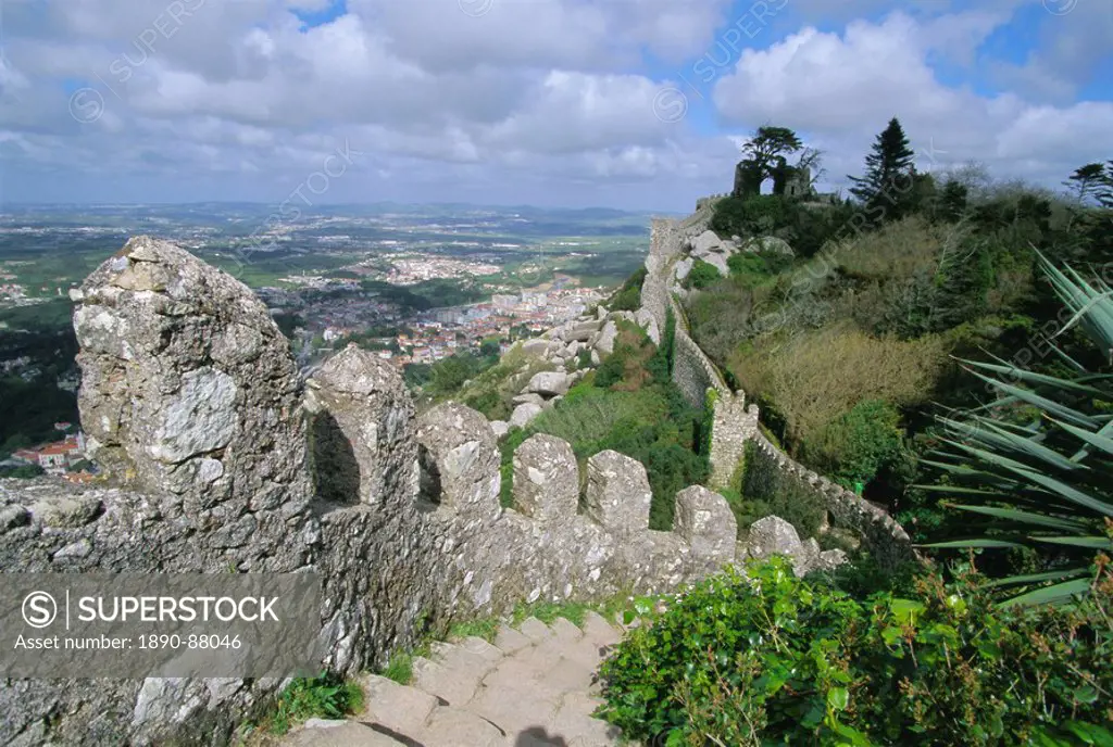 The ramparts of the Moorish Castelo dos Mouros, captured by Christians in 1147, above the town of Sintra, Estremadura, Portugal, Europe