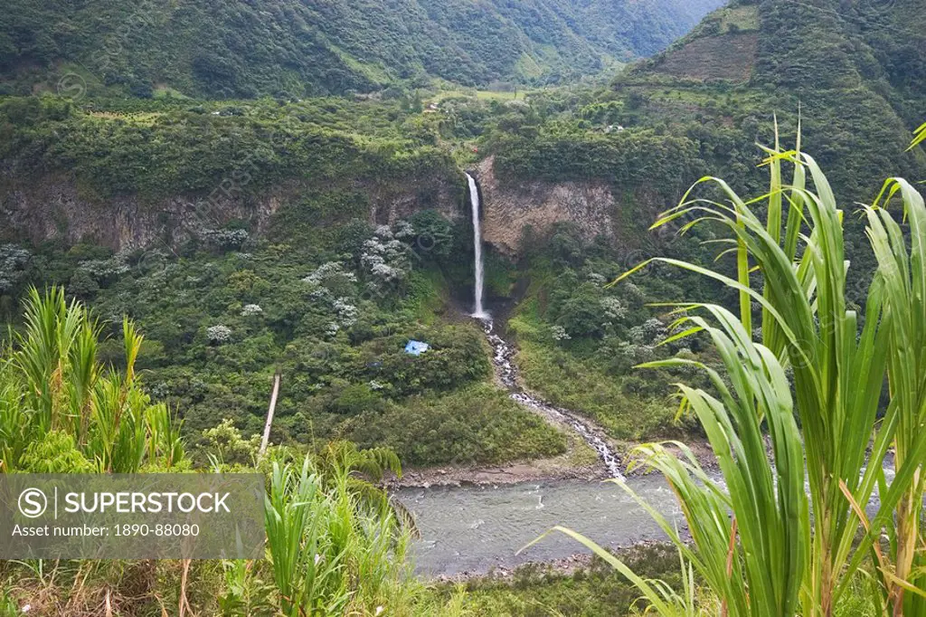 Cable car at the Rio Verde waterfall in the valley of the Pastaza River that flows from the Andes to the upper Amazon Basin, near Banos, Ambato Provin...