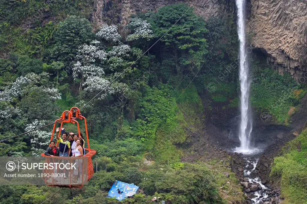 Cable car at the Rio Verde waterfall in the valley of the Pastaza River that flows from the Andes to the upper Amazon Basin, near Banos, Ambato Provin...