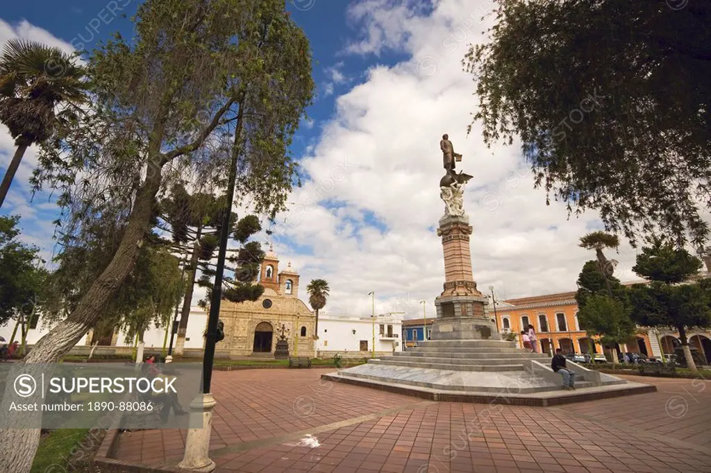 Statue of Vincente Maldonado and the Cathedral at Parque Maldonado in this colonial_style provincial capital, Riobamba, Chimborazo Province, Central H...