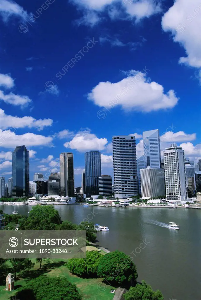 Looking southwest over Captain John Burke Park on Kangaroo Point by the Brisbane River, towards the centre of Brisbane, Queensland, Australia