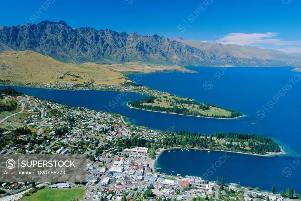Aerial view over resort of Queenstown, Lake Wakatipu and The Remarkables in west Otago, South Island, New Zealand, Australasia