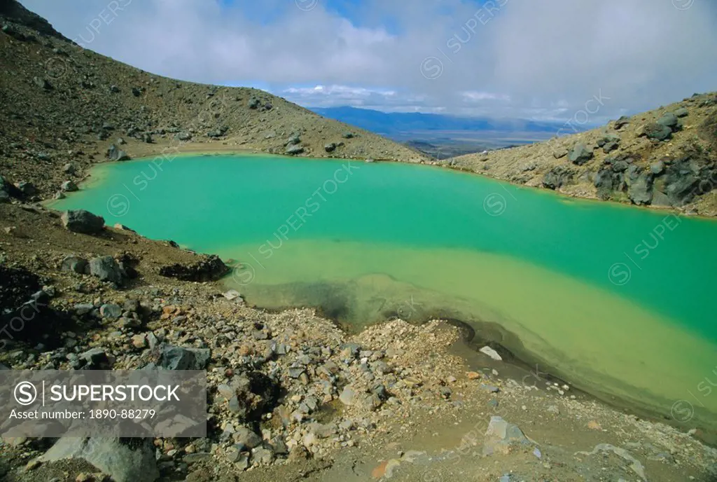 One of the Emerald Lakes, explosion craters filled with mineral_tinted water, on Mount Tongariro in the Tongariro National Park on the central plateau...