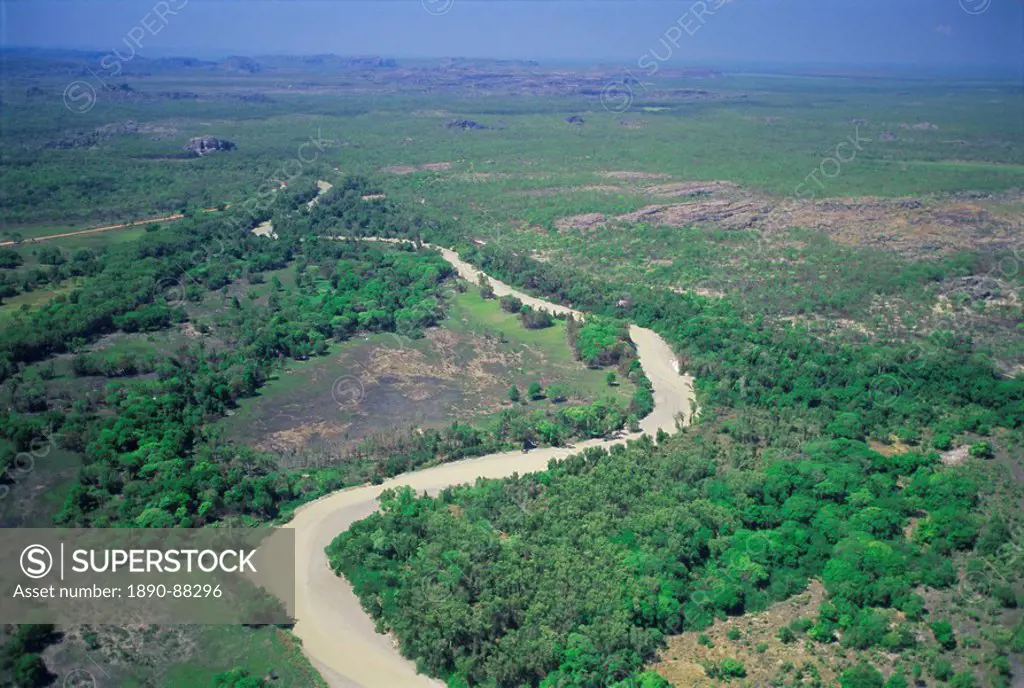 The East Alligator River that forms the border between Arnhemland and Kakadu National Park, the river forms lush wetlands in the wet season, Northern ...