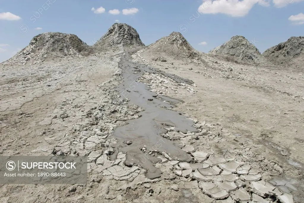 Active mud flow from line of mud volcanoes, in the Firuze crater, Gobustan, Baku, Azerbaijan, Central Asia, Asia