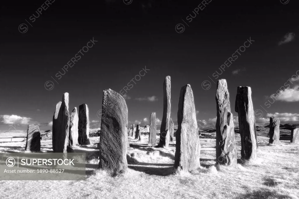 Infrared image of Standing Stones of Callanish, Summer Solstice 2008, Callanish, near Carloway, Isle of Lewis, Outer Hebrides, Scotland, United Kingdo...