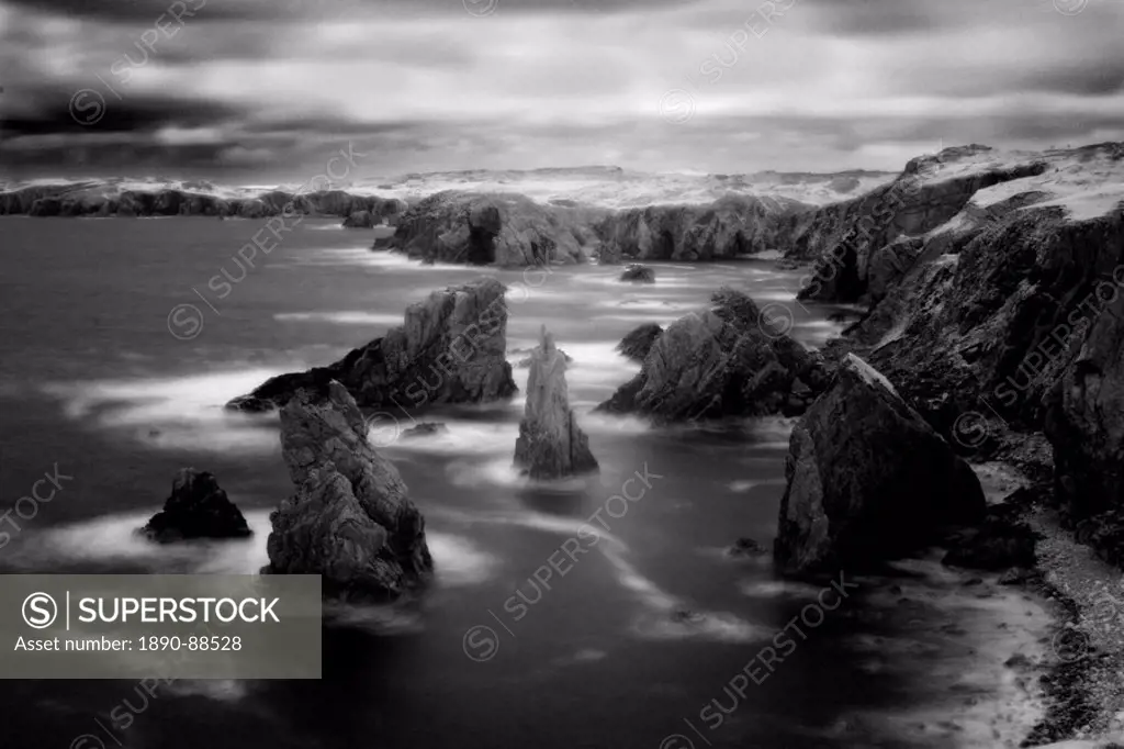 Infrared image of cliffs and sea stacks at Mangersta. Isle of Lewis, Outer Hebrides, Scotland, United Kingdom, Europe