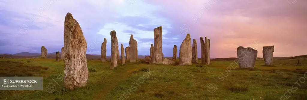 Stone circle at dawn, Callanish, near Carloway, Isle of Lewis, Outer Hebrides, Scotland, United Kingdom, Europe