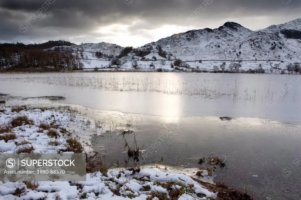 Frozen Little Langdale Tarn and snow_covered fells, near Ambleside, Lake District National Park, Cumbria, England, United Kingdom, Europe