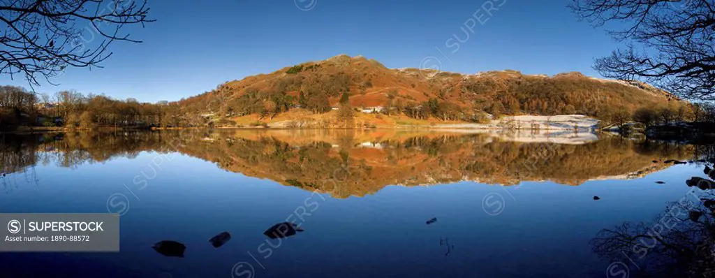 Panoramic winter view across Loughrigg Tarn with reflections, near Ambleside, Lake District National Park, Cumbria, England, United Kingdom, Europe