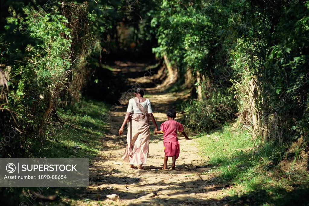 Grandmother and child walking up leafy avenue near Dambulla, Sri Lanka, Asia
