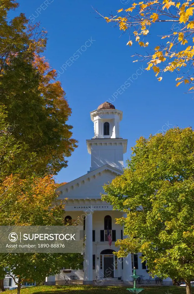 Autumn colours around traditional white Windham County Court House, Newfane, Vermont, New England, United States of America, North America