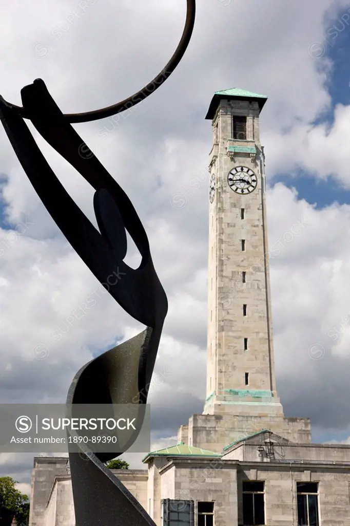 Modern art sculpture and Civic Centre tower, Southampton City, Hampshire, England, United Kingdom, Europe