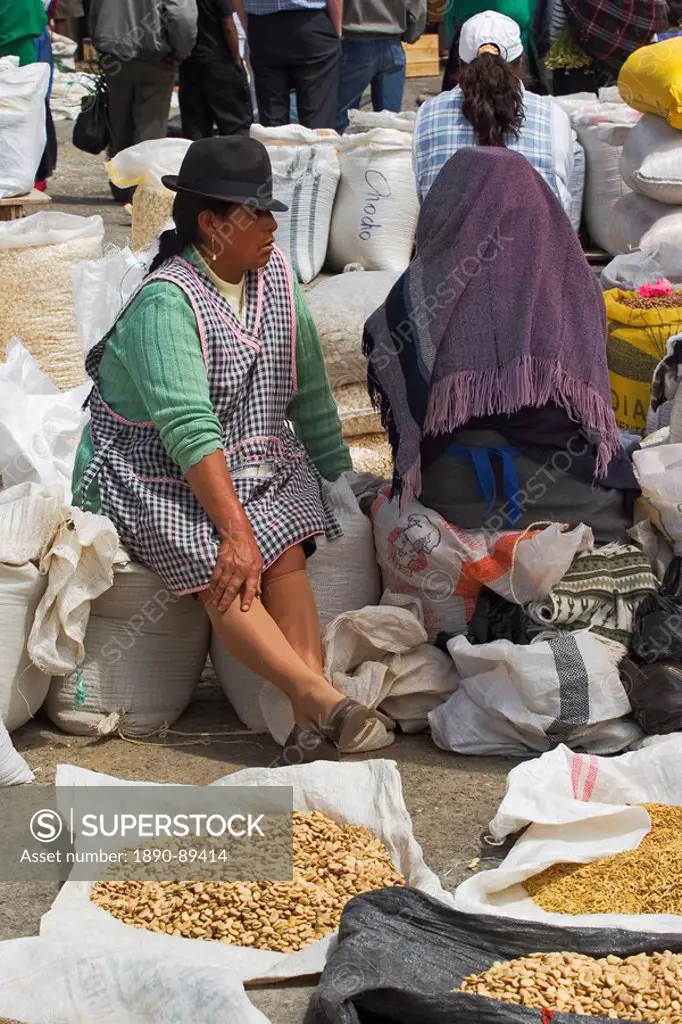 Indian woman selling lima beans at the huge villagers market in Saquisili, probably the most important market in rural Ecuador, north of Latacunga in ...