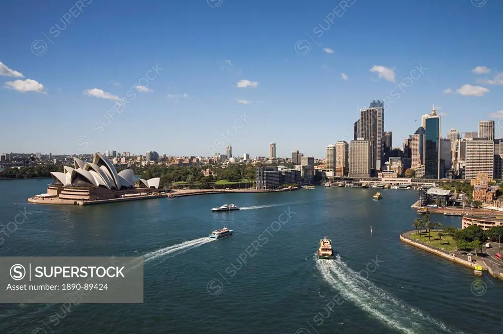 Circular Quay, the important Sydney Ferries terminus and rail stop for the CBD and tourist centre between the Opera House and Harbour Bridge, Sydney, ...