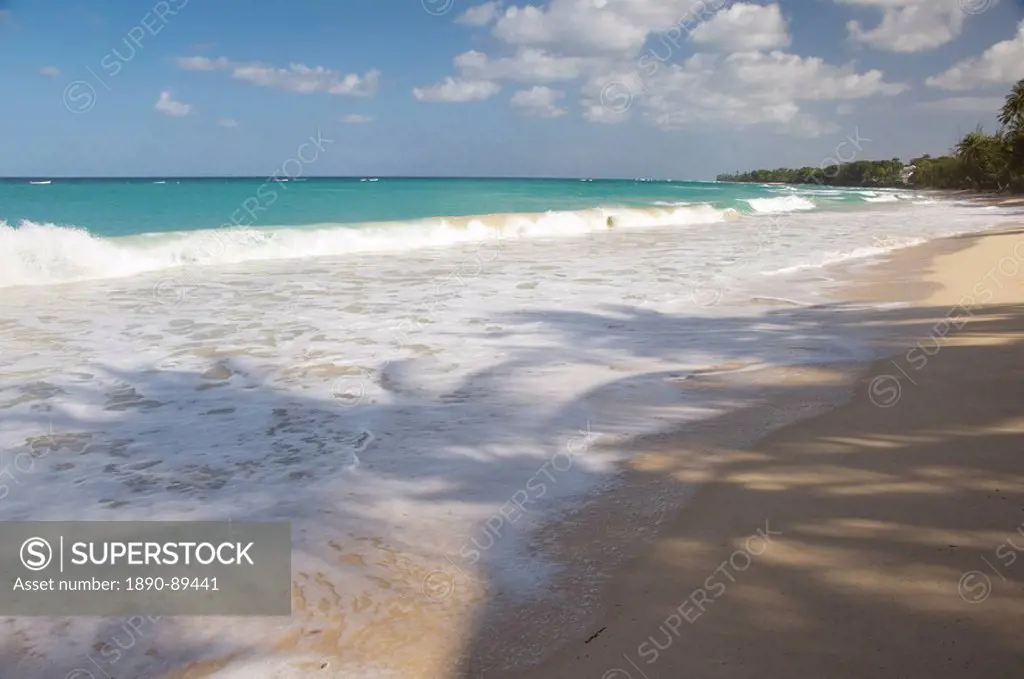 Palm tree shadows on the sand in Alleynes Bay on the west coast of Barbados, Windward Islands, West Indies, Caribbean, Central America