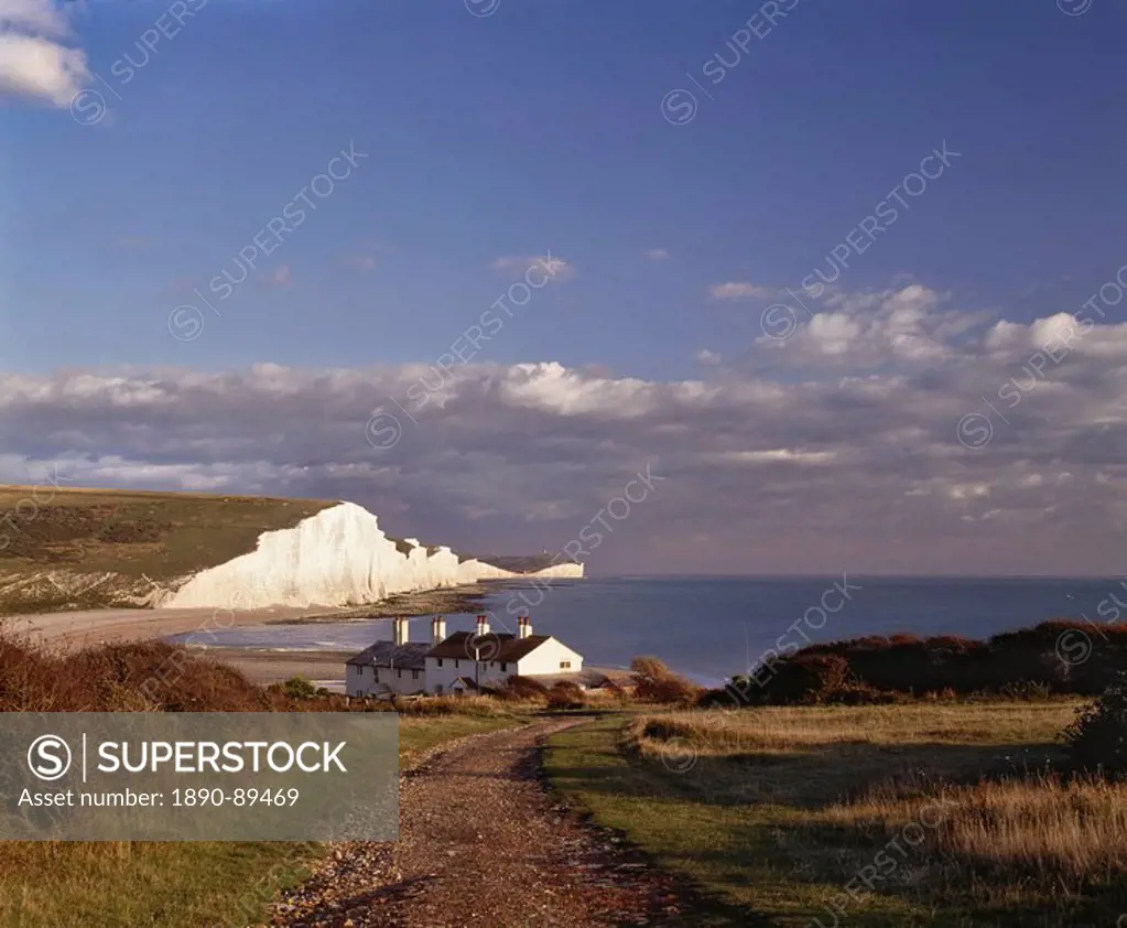 White chalk cliffs of the Seven Sisters, seen from Seaford Head, Sussex, England, United Kingdom, Europe